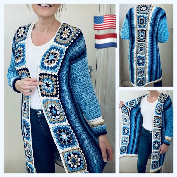 Long Square Affair, Crochet Jacket, English Crochet Pattern USA, and Dutch.