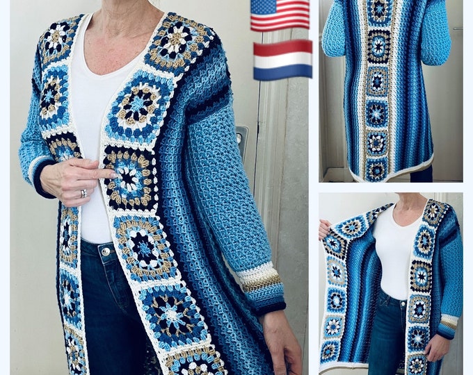 Long Square Affair, Crochet Jacket, English Crochet Pattern USA, and Dutch.