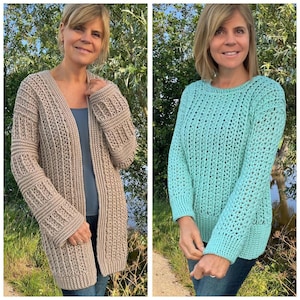 Op de afbeelding: Twee afbeeldingen naast elkaar. De linker afbeelding toont een lange, open, beige gehaakte vest. De rechter afbeelding toont een licht turquoise gehaakte trui. Beide kledingstukken hebben een gestructureerd ontwerp met open weefsel. De vrouw op de afbeeldingen draagt de kledingstukken.