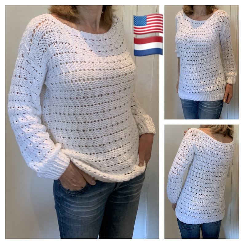 EZ Breezy White Sweater Crochet Pattern English USA & DUTCH image 1