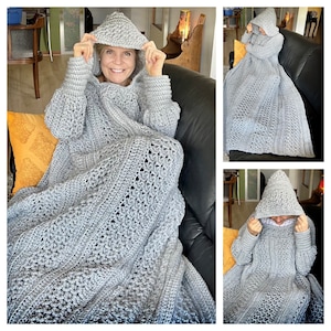 Snuggly Sofa Sweater, Crochet Pattern, English USA & Dutch, Hooded Blanket Crochet Pattern, Crochet Sofa Blanket, Crochet Blanket Hoodie