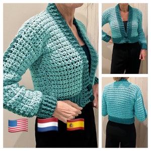 Piece Of Cake Cardigan, Crochet Pattern, English USA Dutch & Spanish, Cropped Crochet Cardigan, Easy Cardigan Pattern, Women&#39;s Top Pattern