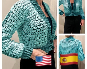Crochet Pattern, P.O.C. Cardi-Piece of Cake Cardigan, ENGLISH U.S Terms and SPANISH- sizes S-XL and up