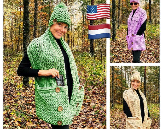 Snazzy Snuggle Shawl and Hat-Crochet PATTERN-English USA and Dutch