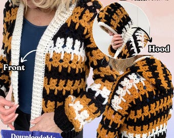 Calico Cat Cardi Pattern, Hooded Cardigan Crochet Pattern, Cat Cardigan Crochet, Crochet Cardigan Hoodie, Crochet Sweater Pattern