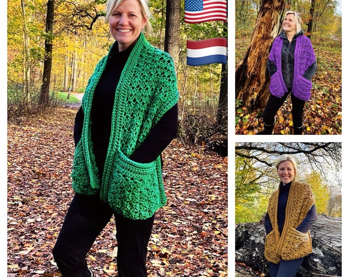 Eco Chique Pocket shawl-Crochet PATTERN-English USA and Dutch