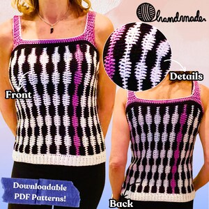 Puede incluir: Top de crochet hecho a mano con cuello cuadrado. El top presenta un patrón geométrico negro, blanco y morado. Las correas y el escote están ribeteados en morado. El texto "Downloadable PDF Patterns!" es visible.