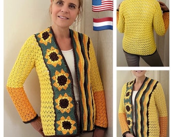 Sunflower Power Cardigan - Crochet PATTERN - English USA & Dutch