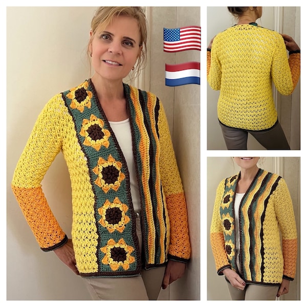 Sunflower Power Cardigan - Crochet PATTERN - English USA & Dutch