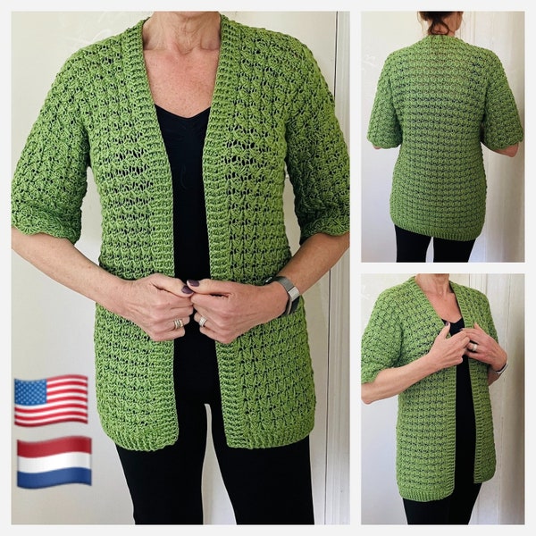 Three Seasons Cardigan, Short Sleeve Cardi, Crochet Pattern,English USA and Dutch, Sizes XS-3XL