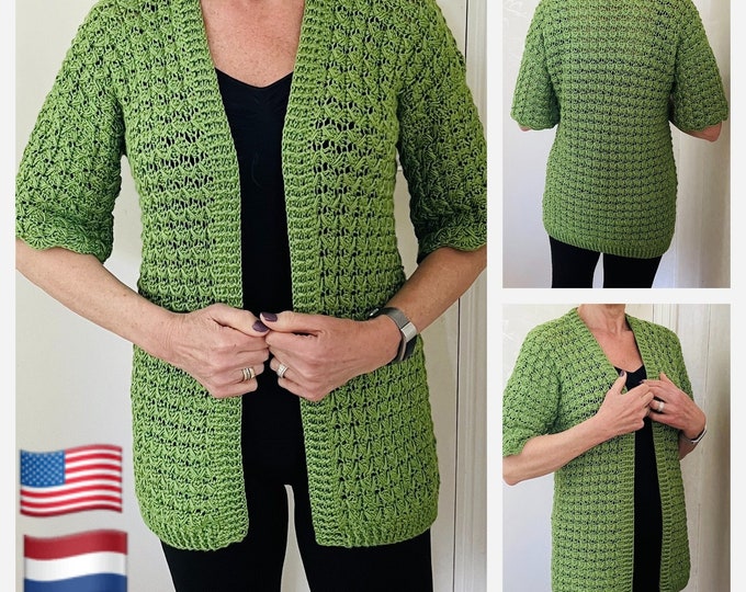 Three Seasons Cardigan, Short Sleeve Cardi, Crochet Pattern,English USA and Dutch, Sizes XS-3XL
