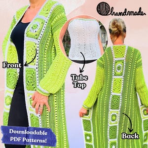 Cárdigan Samui con top, patrón de crochet (inglés, estadounidense y holandés), cárdigan con top, cárdigan largo de crochet, top de crochet, suéter de crochet (PDF)