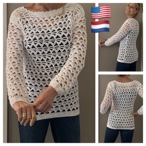 Caught in Triangles Sweater Women's Crochet Pattern, English USA and Dutch, Sizes S-XL & Up