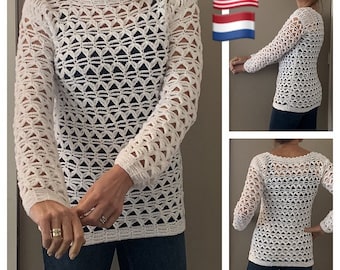 Caught in Triangles Sweater Women's Crochet Pattern, English USA and Dutch, Sizes S-XL & Up