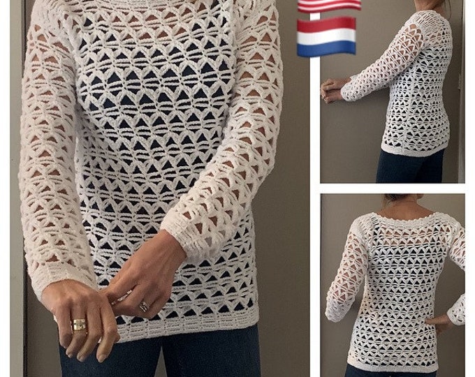 Caught in Triangles Sweater Women's Crochet Pattern, English USA and Dutch, Sizes S-XL & Up