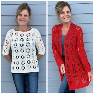 May include: Two images side-by-side. The left image shows a cream-coloured, open-stitch crochet top with a floral pattern. The right image shows a red, open-stitch crochet cardigan with a floral pattern. Both garments are worn over blue jeans.