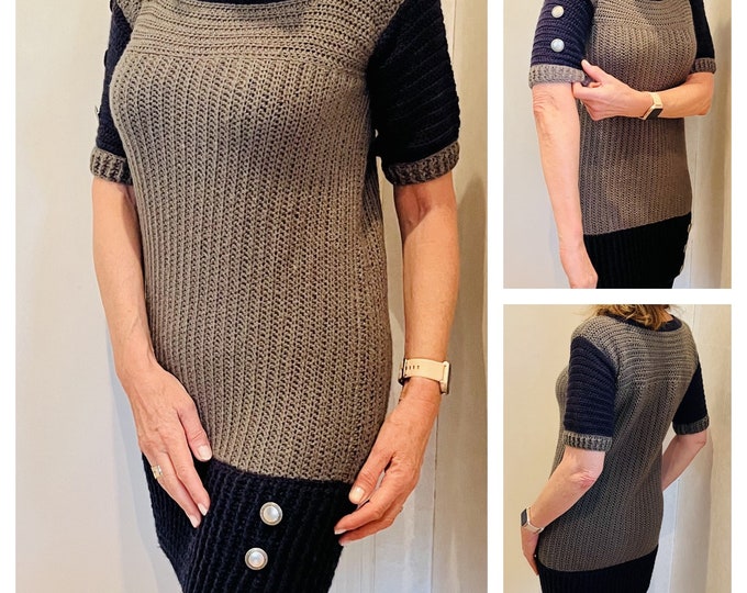 Crochet Pattern- Cute as a  Button Crochet Dress PATTERN PDF-Women Crochet Pattern-Long Sleeve Top-sizes S-XL