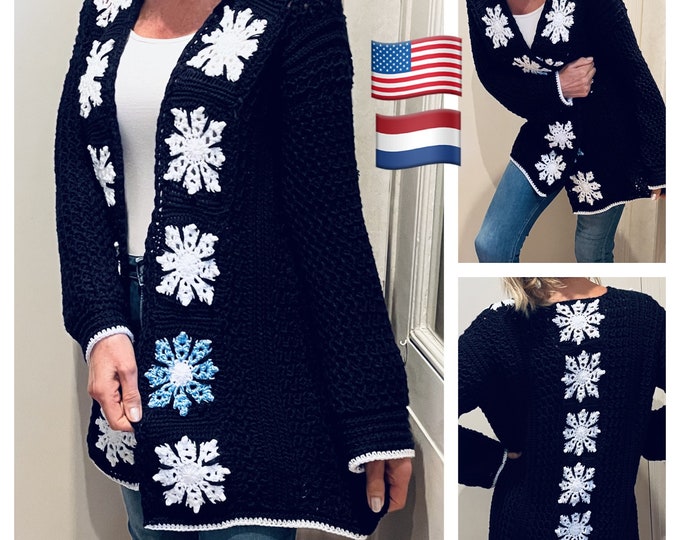 Snowflake Cardigan-Crochet fashion PATTERN-English USA and Dutch