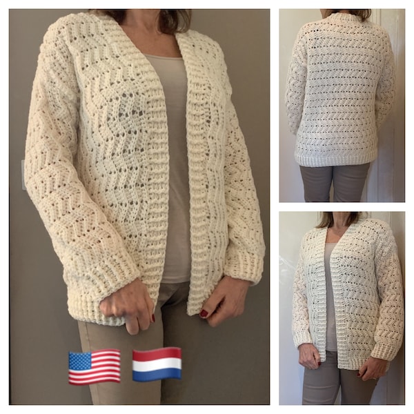 Wonderful Winter White Cardigan, Crochet Pattern USA and Dutch for Sizes S - XL, PDF Digital Download