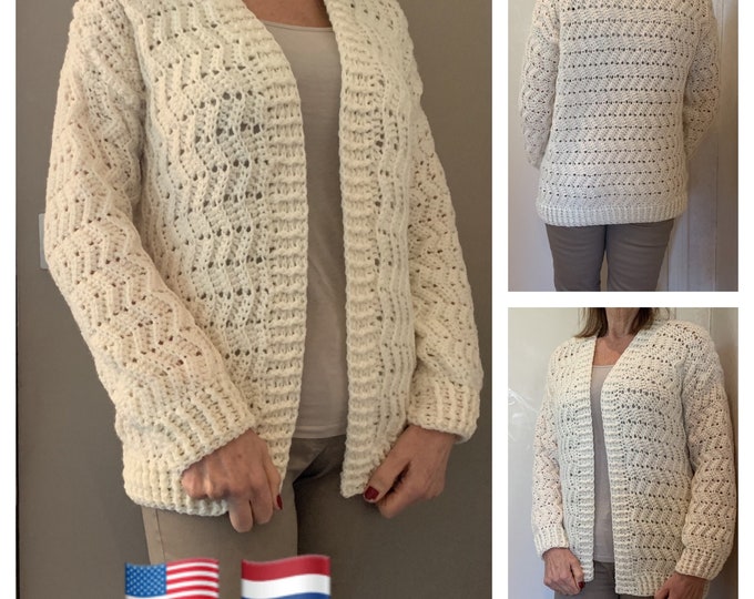 Wonderful Winter White Cardigan, Crochet Pattern USA and Dutch for Sizes S - XL, PDF Digital Download