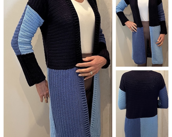 Crochet pattern- Three is Company-Crochet cardigan pattern PDF-Women crochet pattern-pullover top-crochet 3 color  cardigan- sizes S-3XL