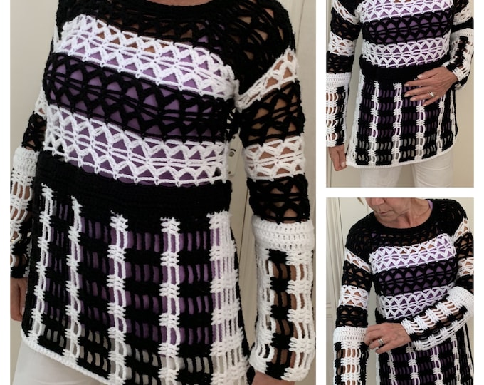 Crochet pattern-B&W Tunic-PDF-Women crochet pattern- pullover top pattern- long sleeve top-sizes S-XL