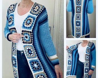 Long Square Affair Crochet Jacket, English Crochet Pattern USA & Dutch, Granny Squares Cardigan Crochet Pattern, Crochet Cardigan Pattern