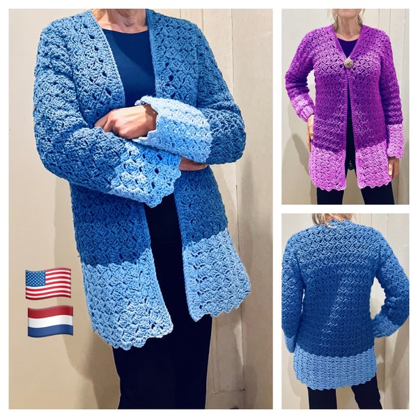 JOHANNA  two-toned Cardigan, crochet PATTERN, English USA and Dutch