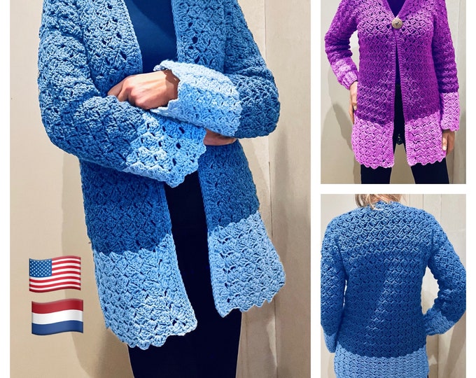 JOHANNA  two-toned Cardigan, crochet PATTERN, English USA and Dutch