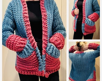 Crochet Pattern, Bold & Beautiful Crochet Cardigan Pattern, Women's Cardigan Crochet Pattern, Bulky Cardigan With Pockets, Puffy Cardigan