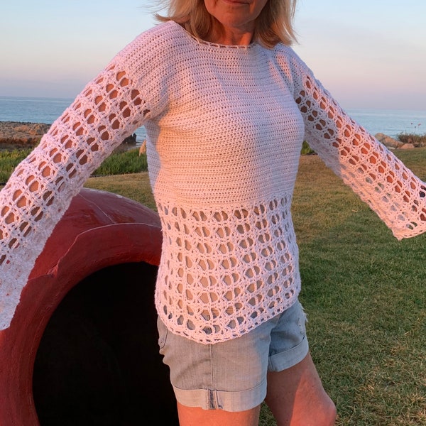 Crochet pattern- Simple Cyprus Summer Crochet sweater pattern PDF-Women crochet pattern- sweater pullover top - long sleeve top-sizes S-3XL