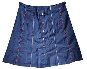 True Vintage 1970s Cotton Poly Blend Navy Tie Waist Skirt Size M