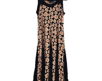Vintage 90s 100% Rayon Black Rose Print Flowy Tie Back Sleeveless Dress Size S