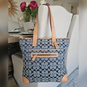 Vintage Y2K Coach Signature Navy Blue Leather Tote Bag, Laptop Fit