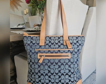 バッグ OLD coach tote bag leather navy y2k Vintage Y2K Coach Signature Navy Blue Leather Tote Bag, Laptop Fit