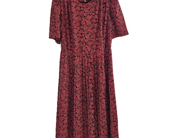 Vintage 80s Lady Carol Red Black Floral Rose Pleated Midi Dress Size 18