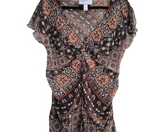 Blusa bohemia vintage Y2K: transparente, estampado azul marrón, detalles de cuentas de latón, talla 12.