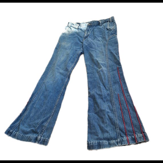 Vintage 70s Levi's Bellbottom Jeans, Orange Label, Red Embroidery, Size 10
