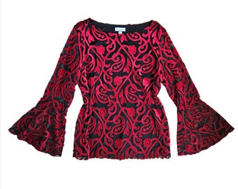 Top vintage Charter Club de terciopelo floral con mangas acampanadas, estilo romántico renacentista, talla L