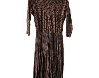 1940s Rose Print Long Sleeve Dress – Vintage Cotton Geometric Fit-and-Flare
