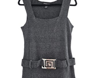 Vintage Y2K Frank Lyman Grey Knit Tank Top with Silver Belt Detail Size 12