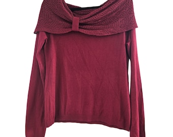 Jersey vintage Spiegel de seda y cachemir color burdeos con hombros descubiertos, tallas L-2XL.