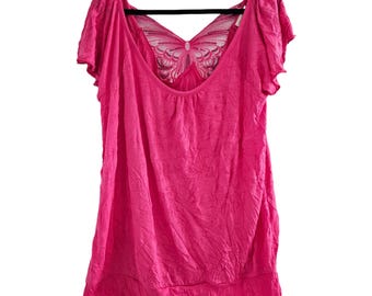Vintage Y2K Hot Pink Sequin Butterfly Bubble Top Size 2XL