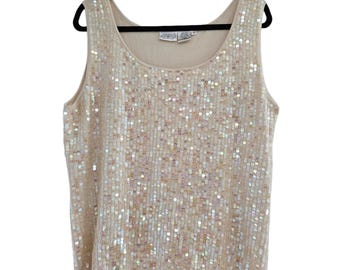 Vintage 90s Y2K Jeanology by Newport News Silk Knit Cream Colored Sequined Top Size 3XL