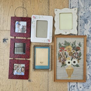 Vintage Picture Frame and Wall Art Lot, Vintage 60s Brass Frame, Vintage 70s Dried Flower Wall Art, Lennox Picture Frame, Ceramic Frames