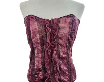 Top corsé vintage Y2K de terciopelo morado con encaje y teñido anudado, cierre frontal, top vintage para feria renacentista, talla M (ver medidas)