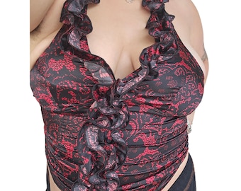 Top grunge gótico con volantes rojos y negros de encaje sintético de Vintage Myth NYC, talla L/XL