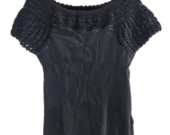 Vintage Y2K Lucky Brand 100% Cotton Black Crochet Knit Blouse Size M