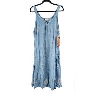 raya sun denim dress Raya Sun Chambray Blue Denim Look Dress Women 1X Embroidery Lace Button