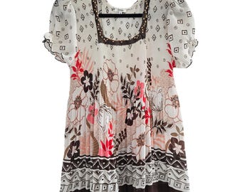 Vintage Y2K Beaded Boho Floral Blouse Size M, Festival Prairie Fairy Top